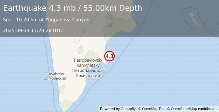 Earthquake NEAR EAST COAST OF KAMCHATKA (4.3 mb) (2025-09-14 17:28:28 UTC)