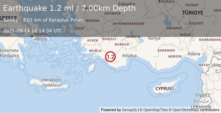 Earthquake WESTERN TURKEY (1.4 ml) (2025-09-14 18:14:55 UTC)