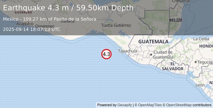 Earthquake OFF COAST OF CHIAPAS, MEXICO (4.3 m) (2025-09-14 18:07:13 UTC)