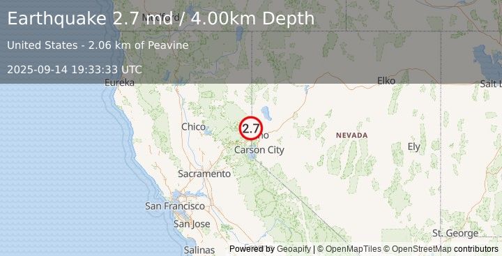 Earthquake NORTHERN CALIFORNIA (2.6 md) (2025-09-14 19:33:32 UTC)