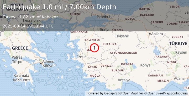 Earthquake WESTERN TURKEY (1.0 ml) (2025-09-14 19:58:44 UTC)