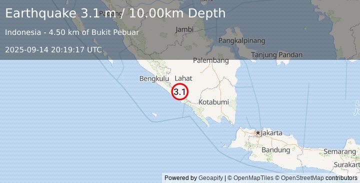 Earthquake SOUTHERN SUMATRA, INDONESIA (3.1 m) (2025-09-14 20:19:17 UTC)