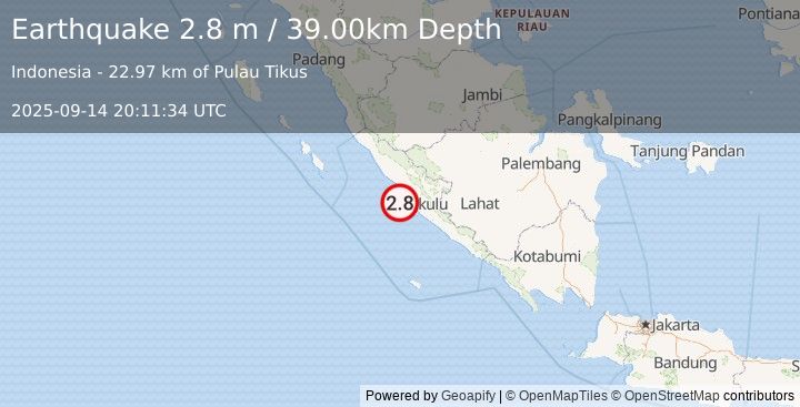 Earthquake SOUTHERN SUMATRA, INDONESIA (2.8 m) (2025-09-14 20:11:34 UTC)