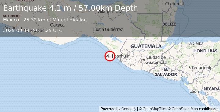Earthquake OFFSHORE CHIAPAS, MEXICO (4.1 m) (2025-09-14 20:11:25 UTC)