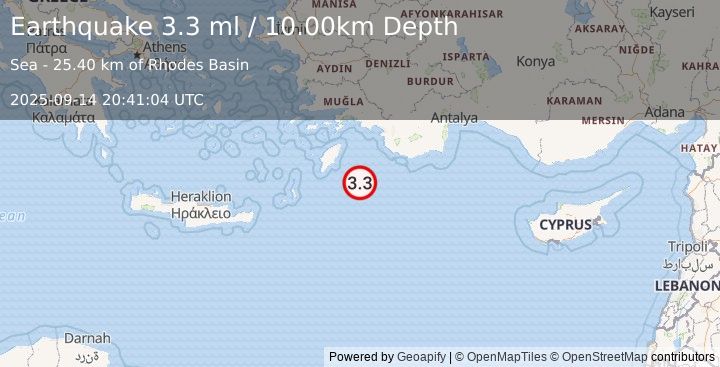 Earthquake EASTERN MEDITERRANEAN SEA (3.2 ml) (2025-09-14 20:41:06 UTC)