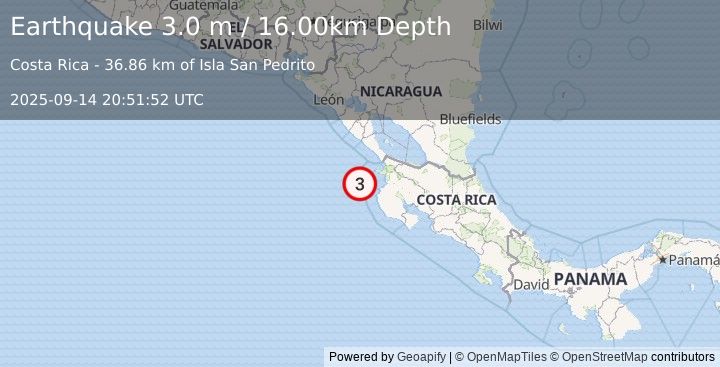 Earthquake OFF COAST OF COSTA RICA (3.0 m) (2025-09-14 20:51:52 UTC)