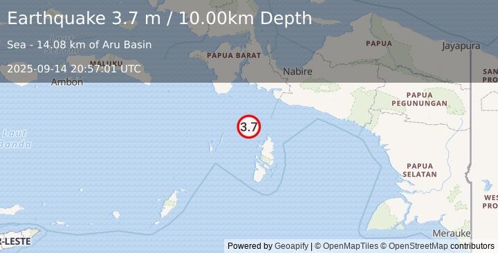 Earthquake KEPULAUAN KAI, INDONESIA (3.7 m) (2025-09-14 20:57:01 UTC)