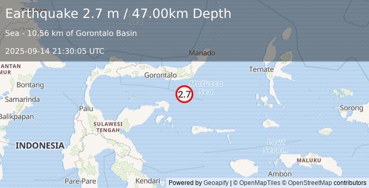 Earthquake MOLUCCA SEA (2.7 m) (2025-09-14 21:30:05 UTC)
