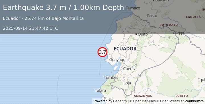 Earthquake OFF COAST OF ECUADOR (3.7 m) (2025-09-14 21:47:42 UTC)