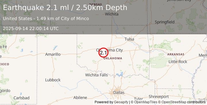 Earthquake OKLAHOMA (2.1 ml) (2025-09-14 22:00:14 UTC)