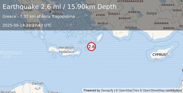 Earthquake DODECANESE ISLANDS, GREECE (2.6 ml) (2025-09-14 23:27:43 UTC)