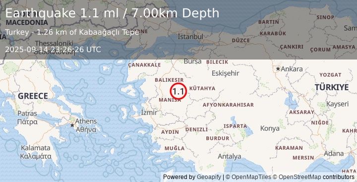 Earthquake WESTERN TURKEY (1.1 ml) (2025-09-14 23:26:26 UTC)