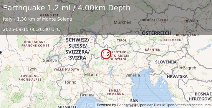 Earthquake NORTHERN ITALY (1.2 ml) (2025-09-15 00:26:30 UTC)