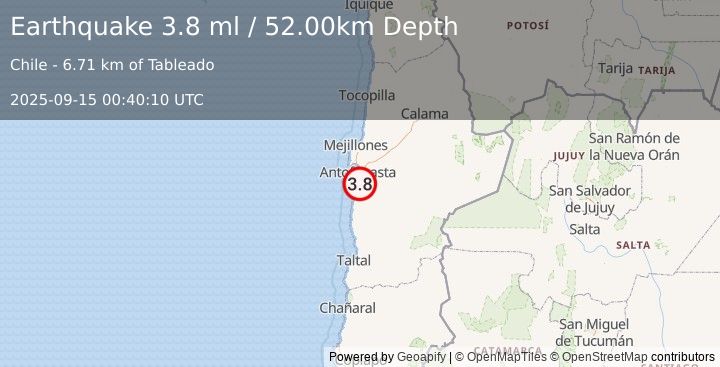 Earthquake ANTOFAGASTA, CHILE (3.7 ml) (2025-09-15 00:40:06 UTC)