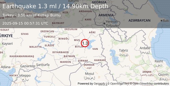 Earthquake EASTERN TURKEY (1.3 ml) (2025-09-15 00:57:31 UTC)