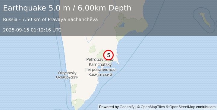 Earthquake NEAR EAST COAST OF KAMCHATKA (4.6 mb) (2025-09-15 01:12:20 UTC)