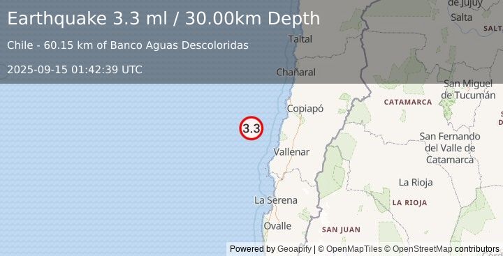 Earthquake OFFSHORE ATACAMA, CHILE (3.3 ml) (2025-09-15 01:42:39 UTC)