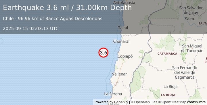 Earthquake OFFSHORE ATACAMA, CHILE (3.2 ml) (2025-09-15 02:03:20 UTC)