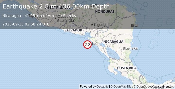 Earthquake NEAR COAST OF NICARAGUA (2.8 m) (2025-09-15 02:58:24 UTC)