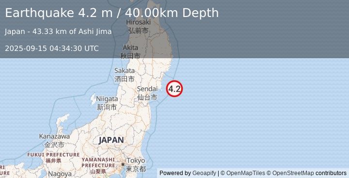 Earthquake NEAR EAST COAST OF HONSHU, JAPAN (4.2 m) (2025-09-15 04:34:30 UTC)