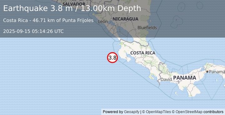 Earthquake OFF COAST OF COSTA RICA (3.8 m) (2025-09-15 05:14:26 UTC)