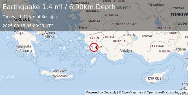 Earthquake WESTERN TURKEY (1.4 ml) (2025-09-15 05:00:29 UTC)