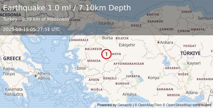 Earthquake WESTERN TURKEY (1.0 ml) (2025-09-15 05:27:51 UTC)
