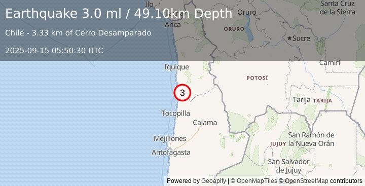 Earthquake TARAPACA, CHILE (3.0 ml) (2025-09-15 05:50:30 UTC)