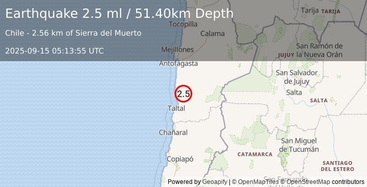 Earthquake ANTOFAGASTA, CHILE (2.5 ml) (2025-09-15 05:13:55 UTC)