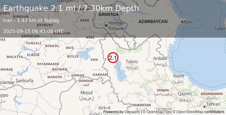 Earthquake TURKEY-IRAN BORDER REGION (2.1 ml) (2025-09-15 06:43:08 UTC)