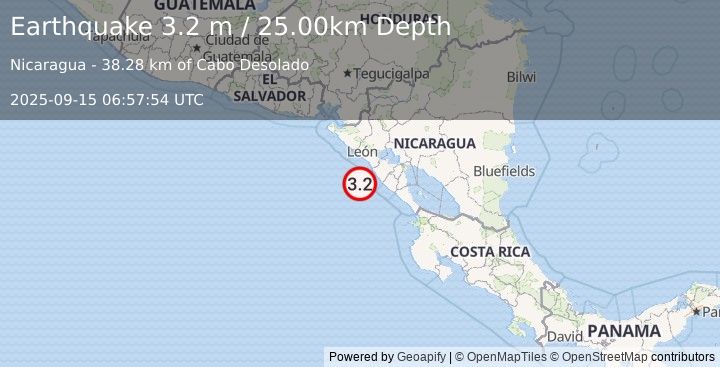 Earthquake NEAR COAST OF NICARAGUA (3.2 m) (2025-09-15 06:57:54 UTC)