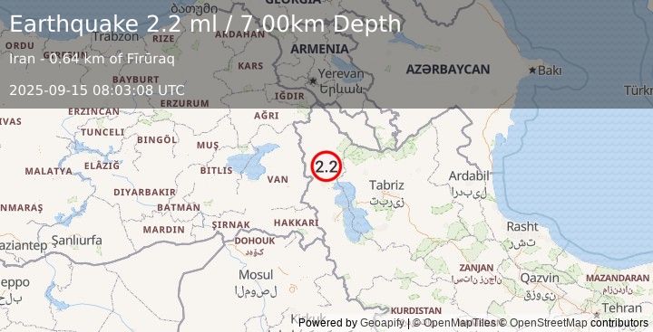 Earthquake TURKEY-IRAN BORDER REGION (2.2 ml) (2025-09-15 08:03:08 UTC)
