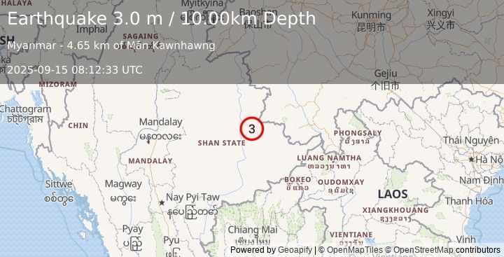 Earthquake MYANMAR (3.0 m) (2025-09-15 08:12:33 UTC)