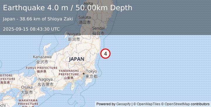 Earthquake NEAR EAST COAST OF HONSHU, JAPAN (4.0 m) (2025-09-15 08:43:30 UTC)