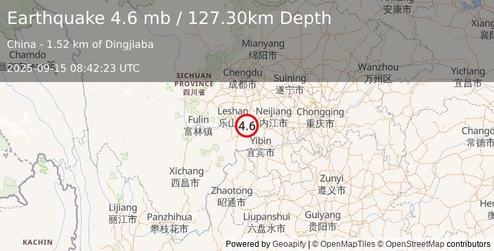 Earthquake EASTERN SICHUAN, CHINA (4.6 mb) (2025-09-15 08:42:14 UTC)
