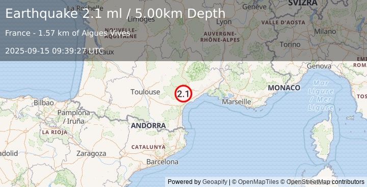 Earthquake NEAR SOUTH COAST OF FRANCE (2.1 ml) (2025-09-15 09:39:27 UTC)