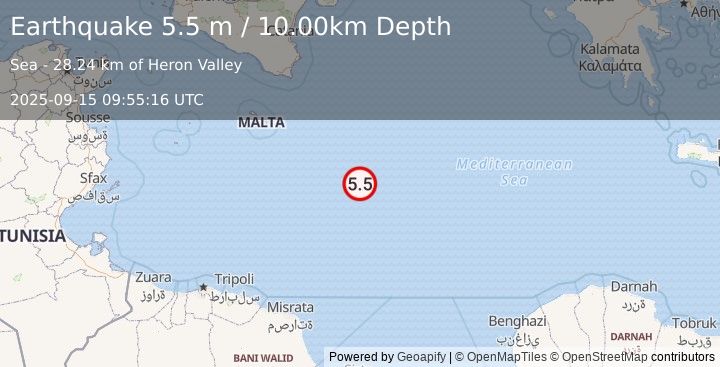 Earthquake CENTRAL MEDITERRANEAN SEA (5.1 mw) (2025-09-15 09:55:12 UTC)