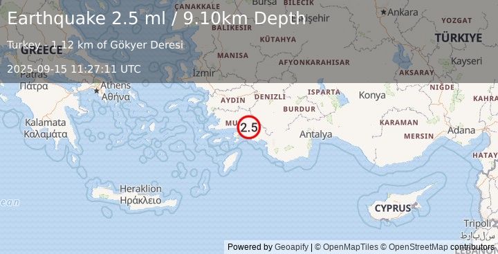 Earthquake WESTERN TURKEY (2.5 ml) (2025-09-15 11:27:11 UTC)
