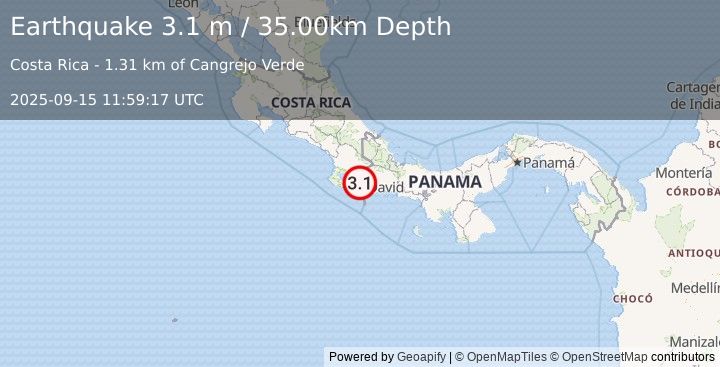 Earthquake PANAMA-COSTA RICA BORDER REGION (3.1 m) (2025-09-15 11:59:17 UTC)