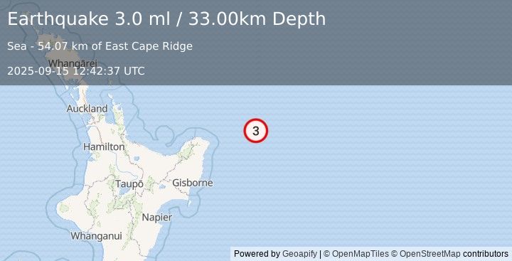 Earthquake OFF E. COAST OF N. ISLAND, N.Z. (3.0 ml) (2025-09-15 12:42:37 UTC)