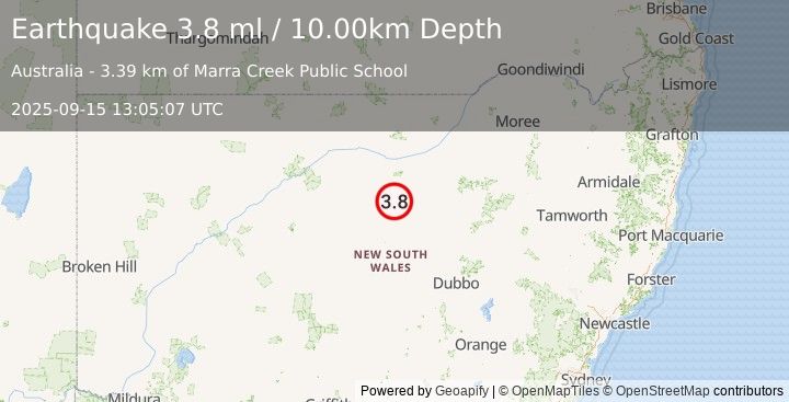 Earthquake NEW SOUTH WALES, AUSTRALIA (3.8 ml) (2025-09-15 13:05:07 UTC)