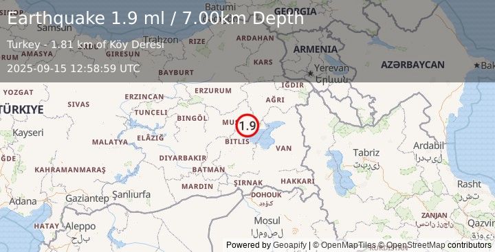 Earthquake EASTERN TURKEY (1.9 ml) (2025-09-15 12:58:59 UTC)