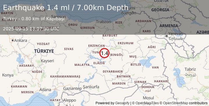 Earthquake EASTERN TURKEY (1.4 ml) (2025-09-15 13:07:30 UTC)