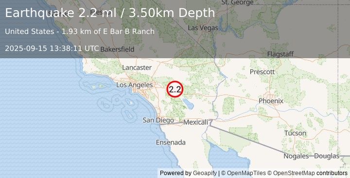Earthquake SOUTHERN CALIFORNIA (2.2 ml) (2025-09-15 13:38:11 UTC)