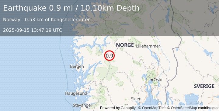 Earthquake SOUTHERN NORWAY (0.9 ml) (2025-09-15 13:47:19 UTC)