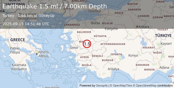 Earthquake WESTERN TURKEY (1.5 ml) (2025-09-15 14:51:48 UTC)