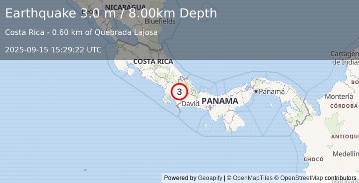 Earthquake PANAMA-COSTA RICA BORDER REGION (3.0 m) (2025-09-15 15:29:22 UTC)