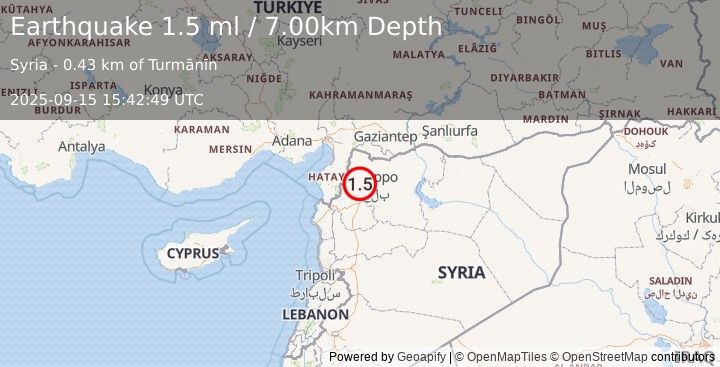 Earthquake TURKEY-SYRIA BORDER REGION (1.5 ml) (2025-09-15 15:42:49 UTC)