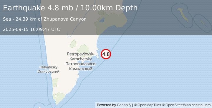 Earthquake NEAR EAST COAST OF KAMCHATKA (4.8 mb) (2025-09-15 16:09:47 UTC)