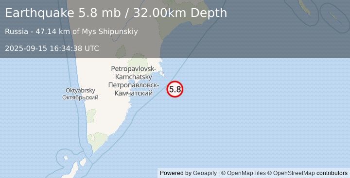 Earthquake OFF EAST COAST OF KAMCHATKA (6.0 mw) (2025-09-15 16:34:36 UTC)